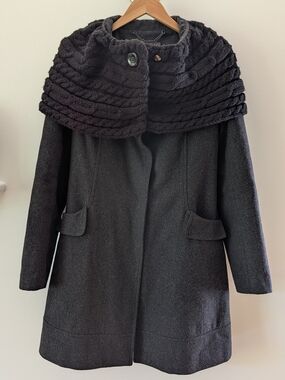 Suka Charcoal Grey Wool Blend Coat Knit Cable Cowl Neck Collar Jacket Size S